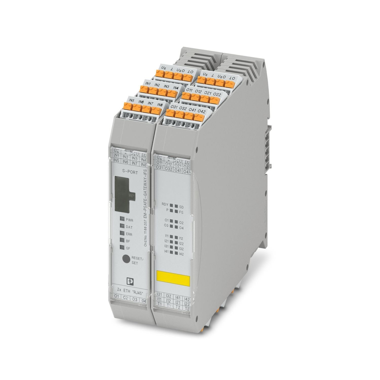 Gateway for the connection of up to 15 Interface system devices to a higher-level safe controller via PROFIsafe. The system devices are connected to the gateway via DIN rail connectors. The DIN rail connectors are provided.