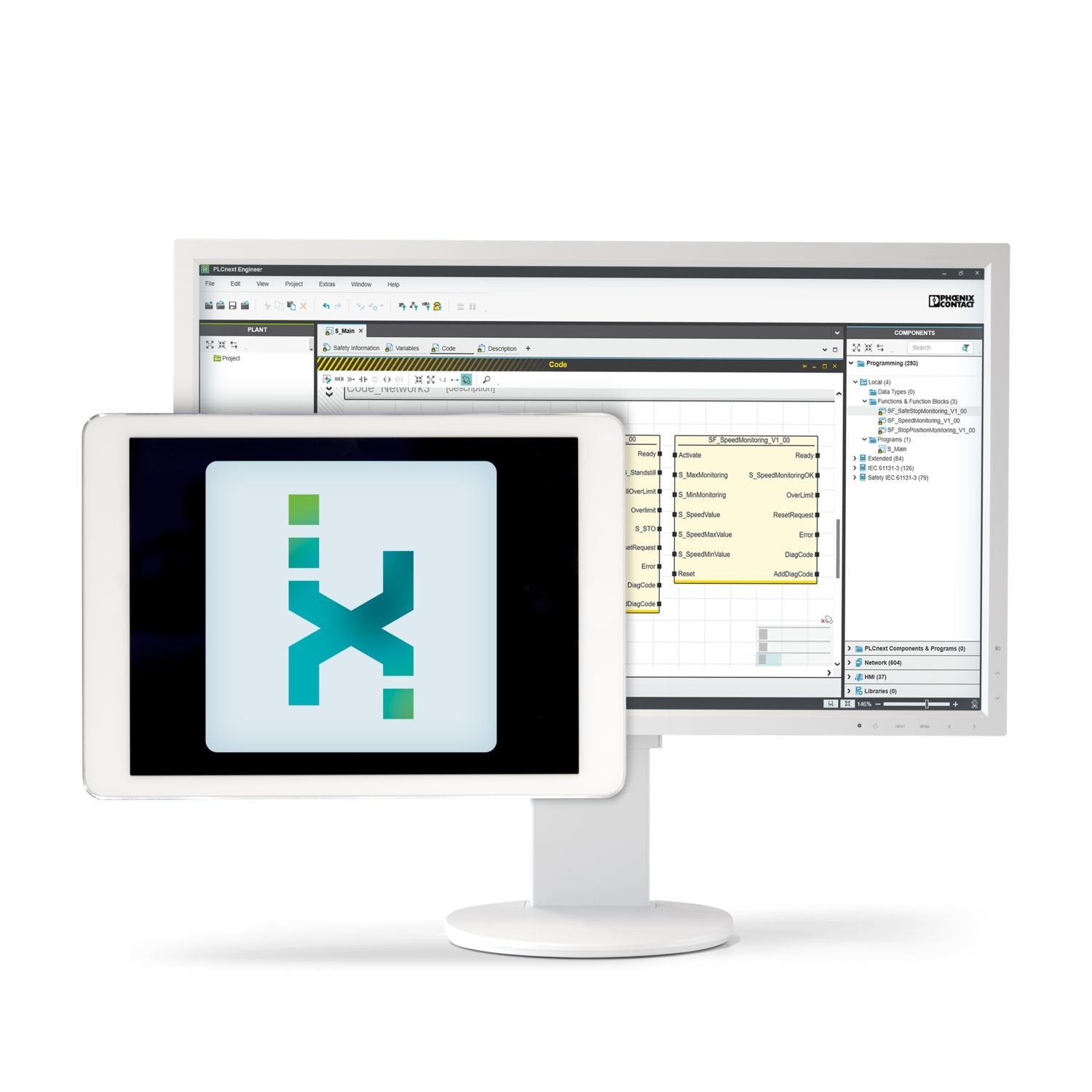 MOTION-MONITORING contains function blocks for safety-related monitoring of machines and detection of errors in machine motion. The monitoring functions are performed in the safety PLC using PLCnext Engineer.