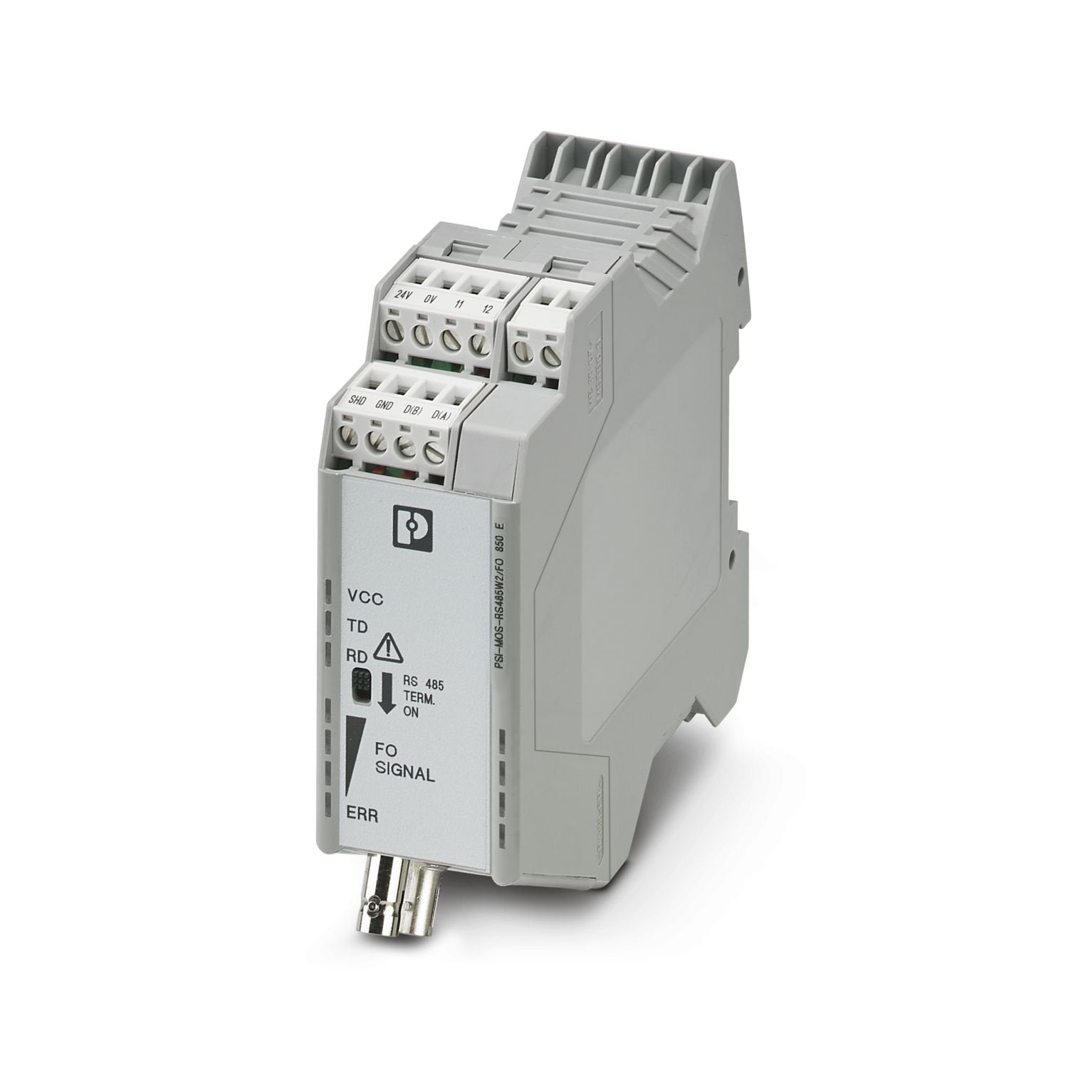 FO converter with integrated optical diagnostics, alarm contact, for RS-485 2-wire bus systems (SUCONET K, Modbus ...) up to 500 kbps, NRZ coding, terminal device with one FO interface (BFOC), 850 nm, for PCF/fiberglass cable (multimode)