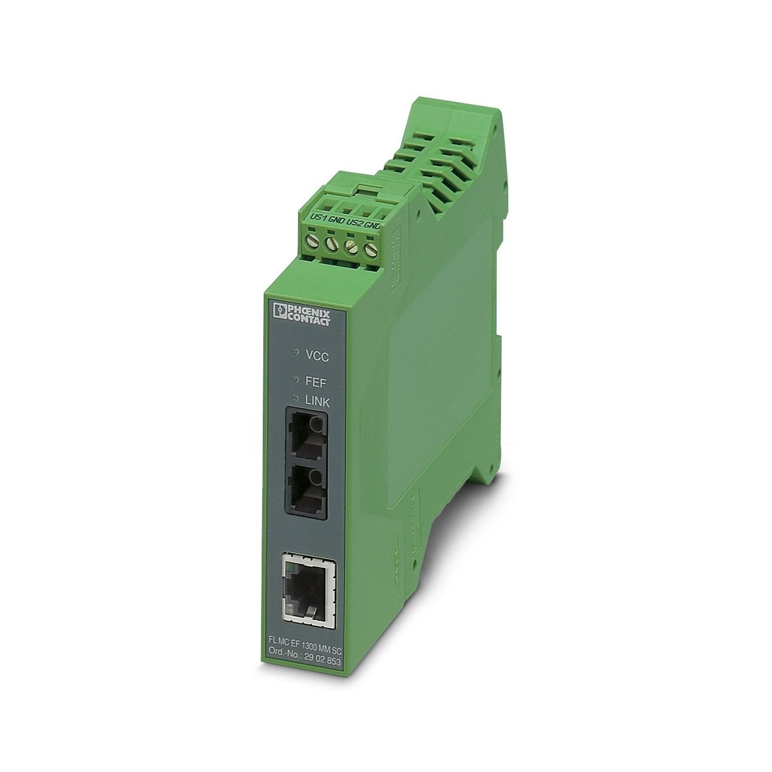 FO converter with SC duplex fiber optic connection (1300 nm), for converting 10/100Base-T(X) to multi-mode fiberglass (50/125 µm). Auto negotiation and auto MDI(X) function. Comprehensive link diagnostics. DIN-rail mountable, 18 ... 30 V DC supply.