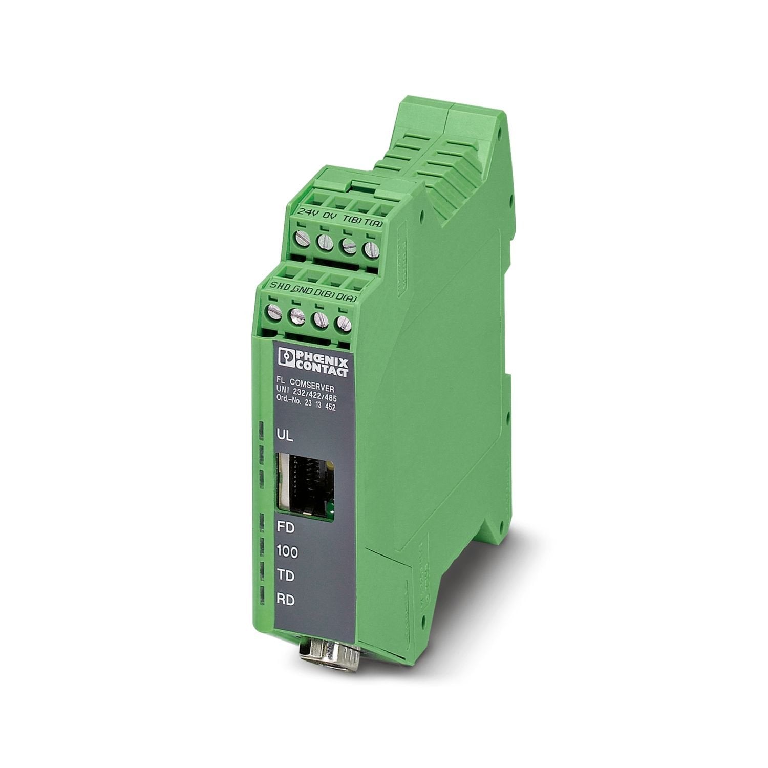 Second generation FL COMSERVER UNI..., serial device server for converting a serial 232/422/485 interface to Ethernet, supports TCP, UDP, Modbus gateway, and PPP applications, incl. COM port redirector software and user documentation