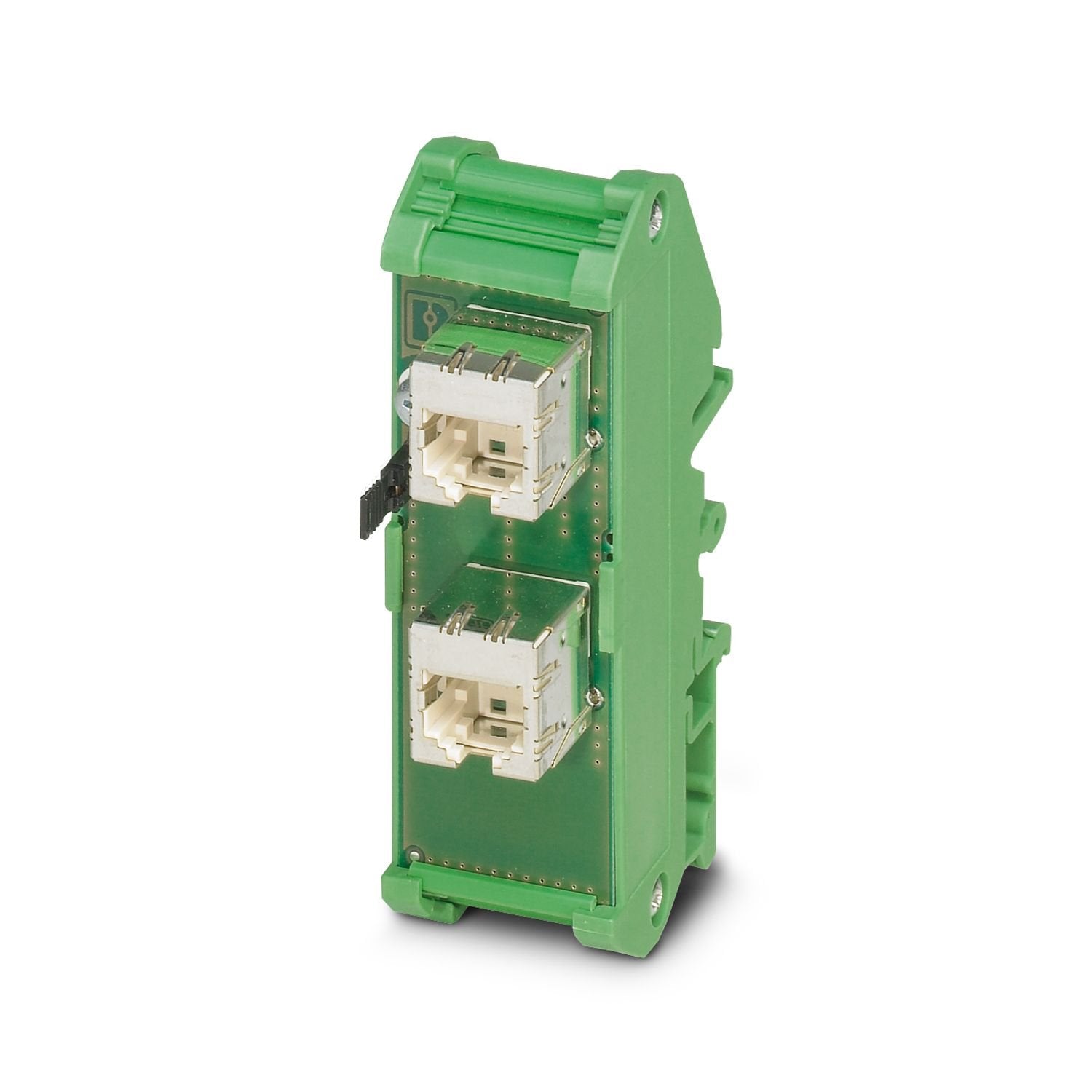 Patch panel, two RJ45 jacks (1:1 assignment), CAT5e, 10/100/1000 Mbps, DIN rail adapter, IP20, option of shield contacting to the DIN rail via jumpers