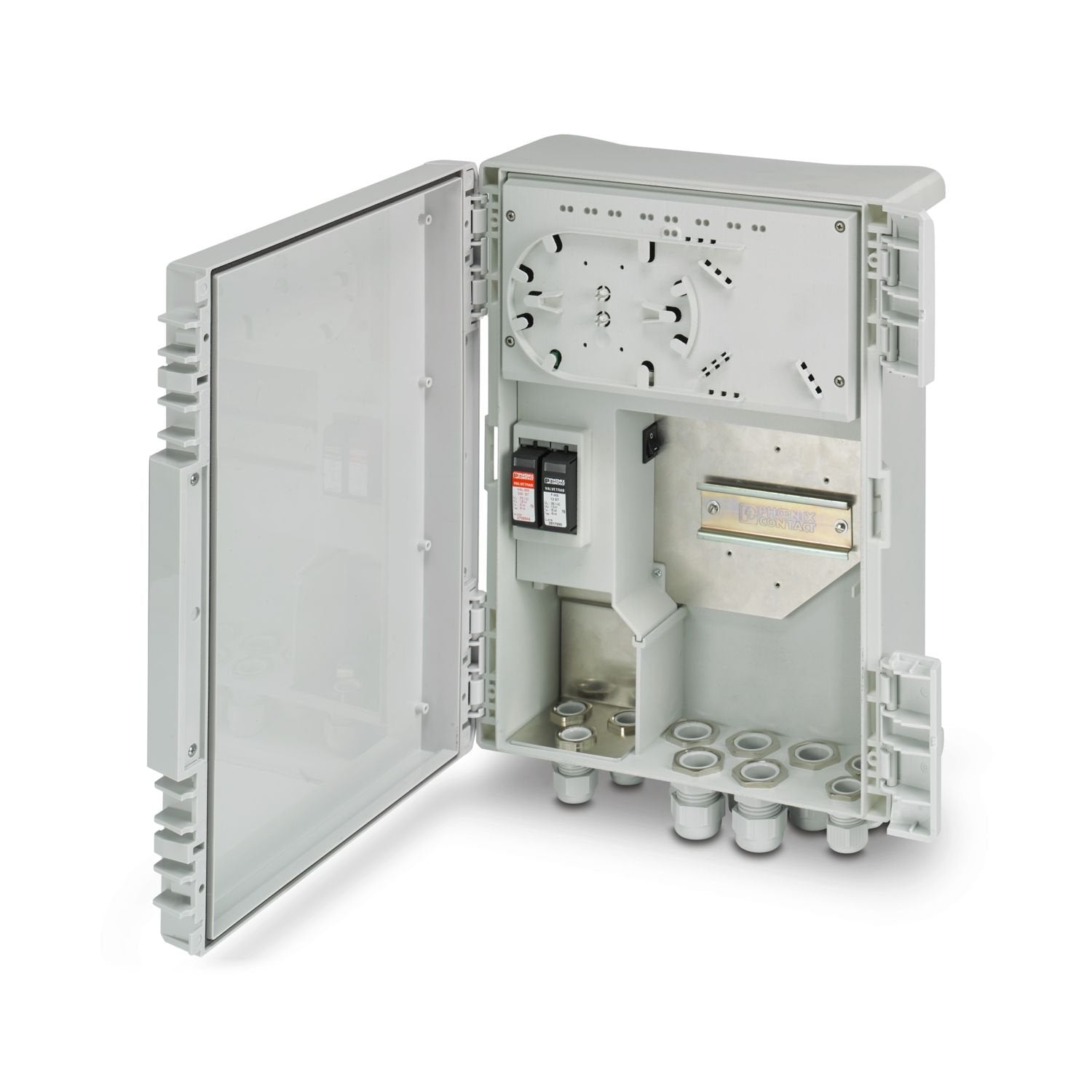 Smart Ethernet Box for connecting PoE end devices, four PoE ports, two uplink ports (SFP slots), integrated managed switch, surge protection, and splice tray, supply voltage 100 ... 240 V AC, wall or mast mounting