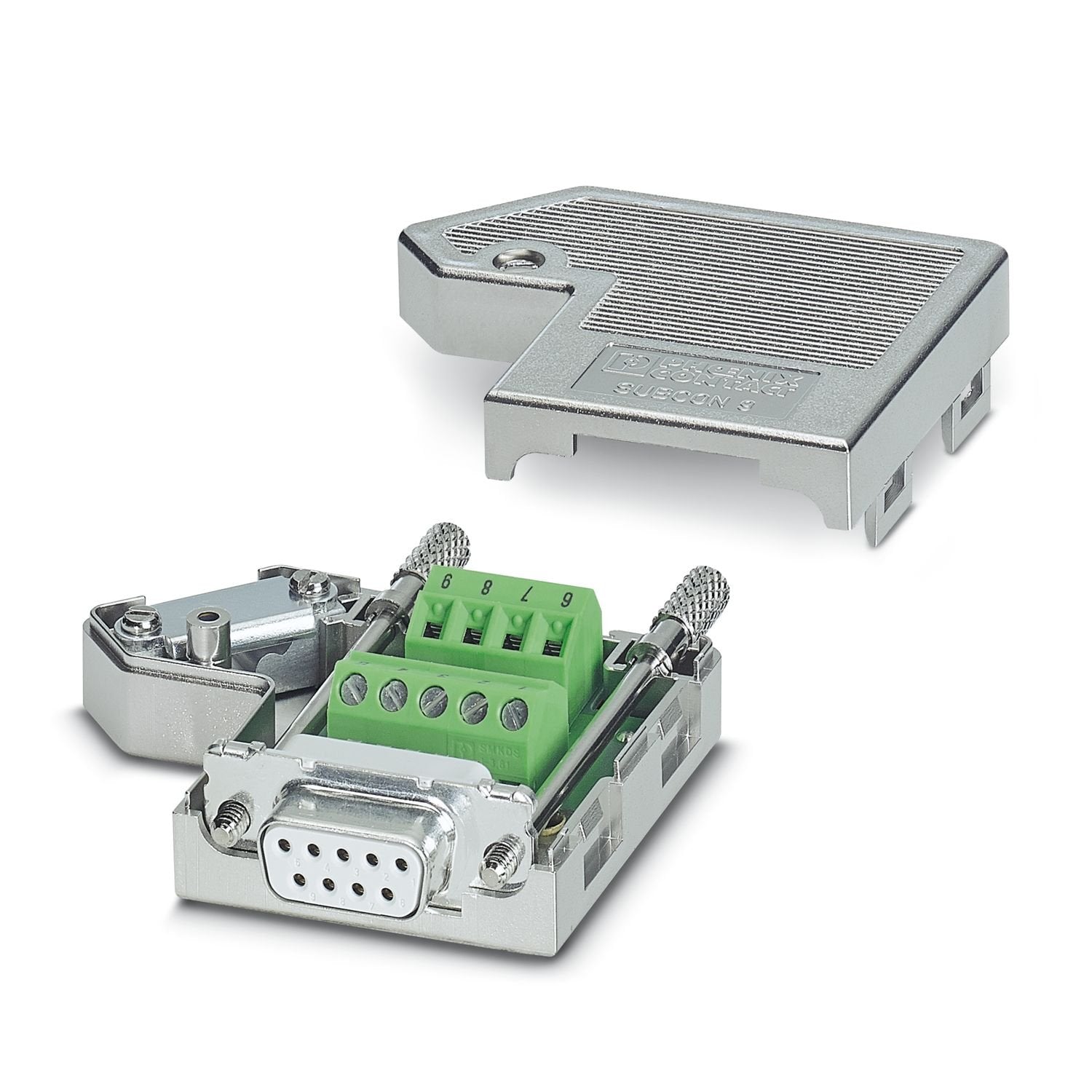 D-SUB connector, 9-pos. socket, one 35° cable outlet, universal type for all systems, pin assignment: 1, 2, 3, 4, 5, 6, 7, 8, 9 to screw connection terminal block