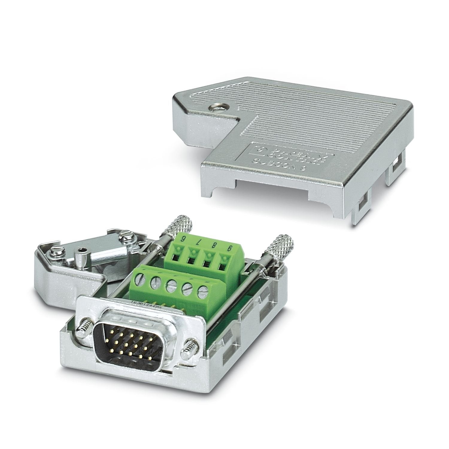 D-SUB connector, 15-pos. HD (high density), pin, one 35° cable outlet, universal type for all systems, pin assignment: 1, 2, 3, 6, 7, 8, 10, 13, 14 to screw connection terminal block