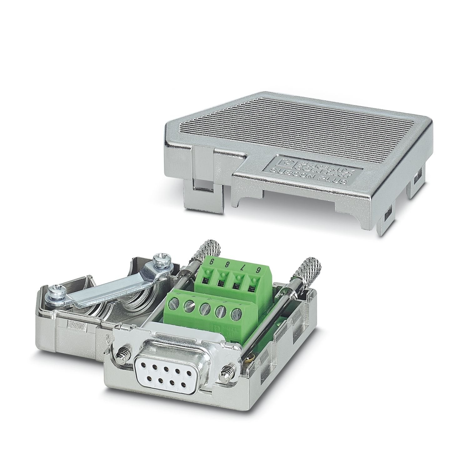 D-SUB connector, 9-pos. female connector, two 35° cable entries, universal type for all systems, pin assignment: 1, 2, 3, 4, 5, 6, 7, 8, 9 to one screw connection terminal block