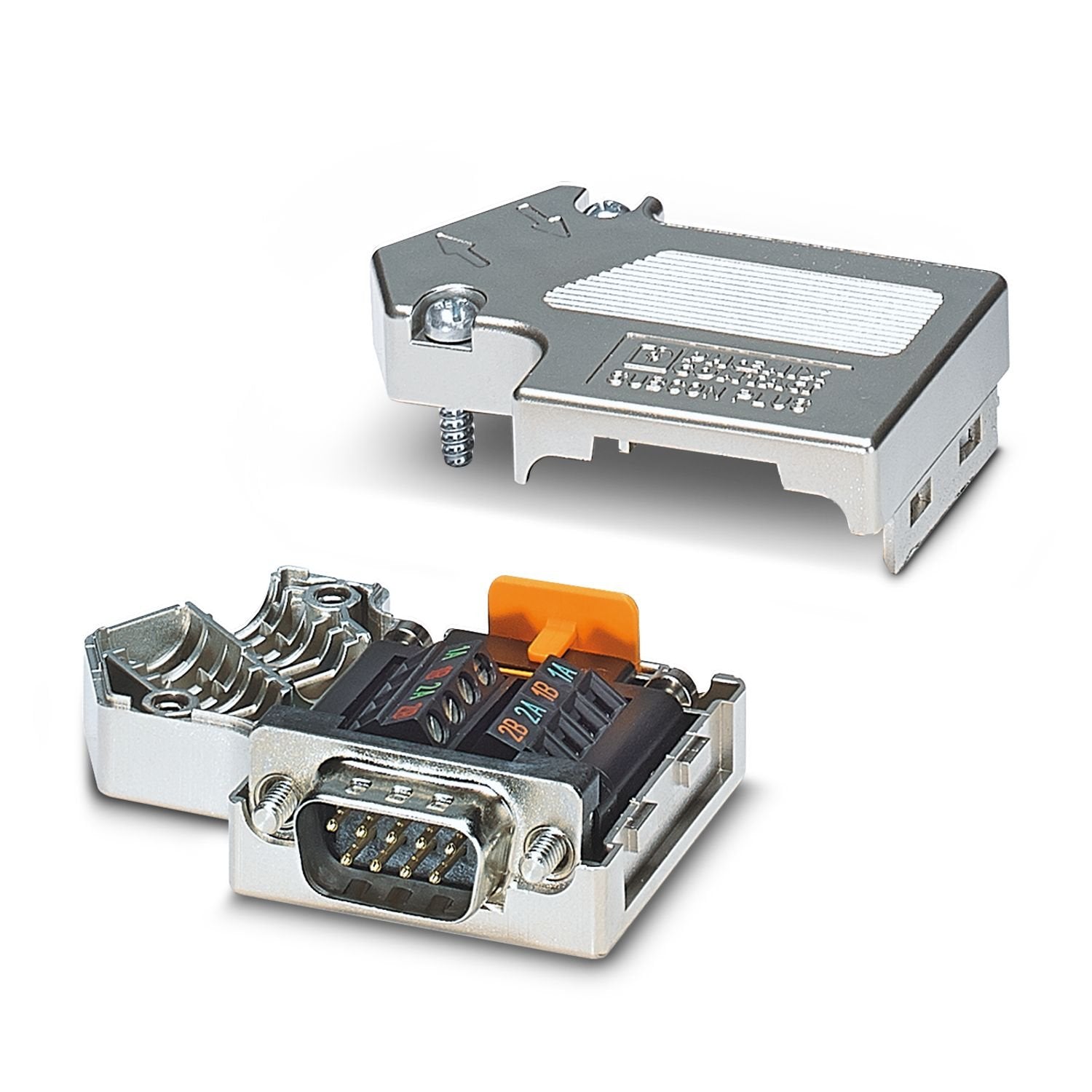D-SUB connector, 9-pos., pin, 35° cable outlet, bus system: PROFIBUS DP up to 12 Mbps, termination resistor can be switched on via slide switch, pin assignment: 3, 5, 6, 8; screw connection terminal blocks