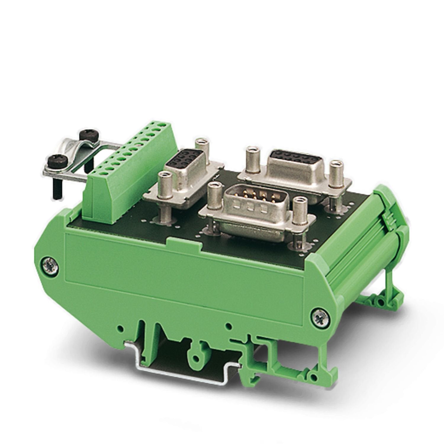Passive RS-485 T-distributor, fitted with one 9-pin D-SUB pin strip and two 9-pin D-SUB socket strips