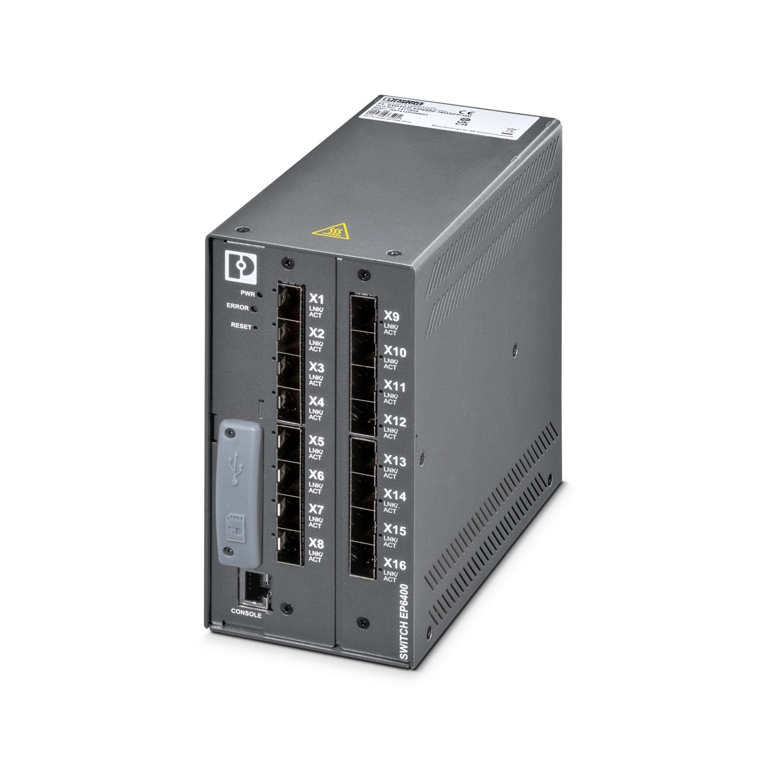 Managed switch with 16 SFP ports at 100/1000 Mbps, operating temperature: -40 °C ... +85 °C, power supply: 24 V DC (Nom.)