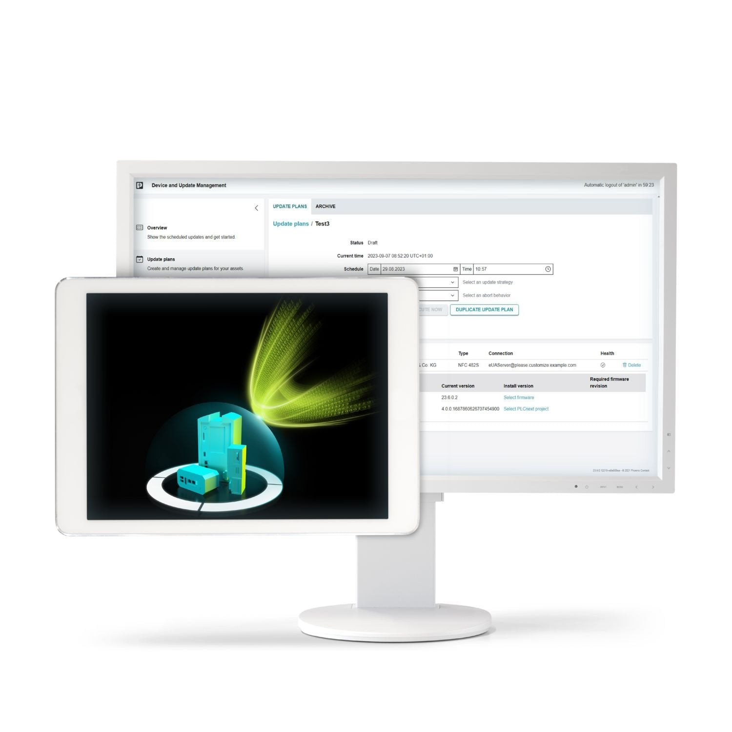 Device management software for updating the firmware, software, and certificates for devices with an integrated OPC UA server. The Device and Update Management software is available free of charge under Downloads. To update the firmware and software, a fee-based license is required, which you can purchase.