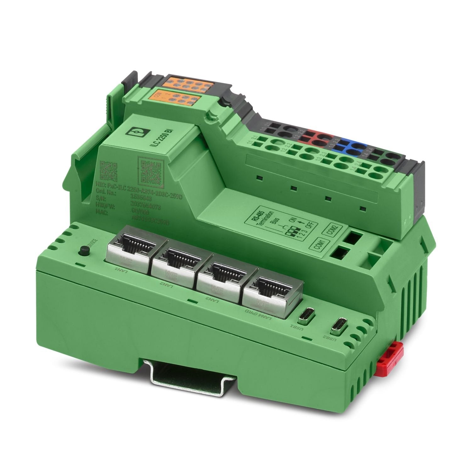 The modular Inline controller for automation applications in infrastructure, energy, and buildings is based on the Niagara Framework®. Four LAN, two USB, and two RS-485 interfaces are integrated. The controller can be extended with numerous Inline I/O modules.