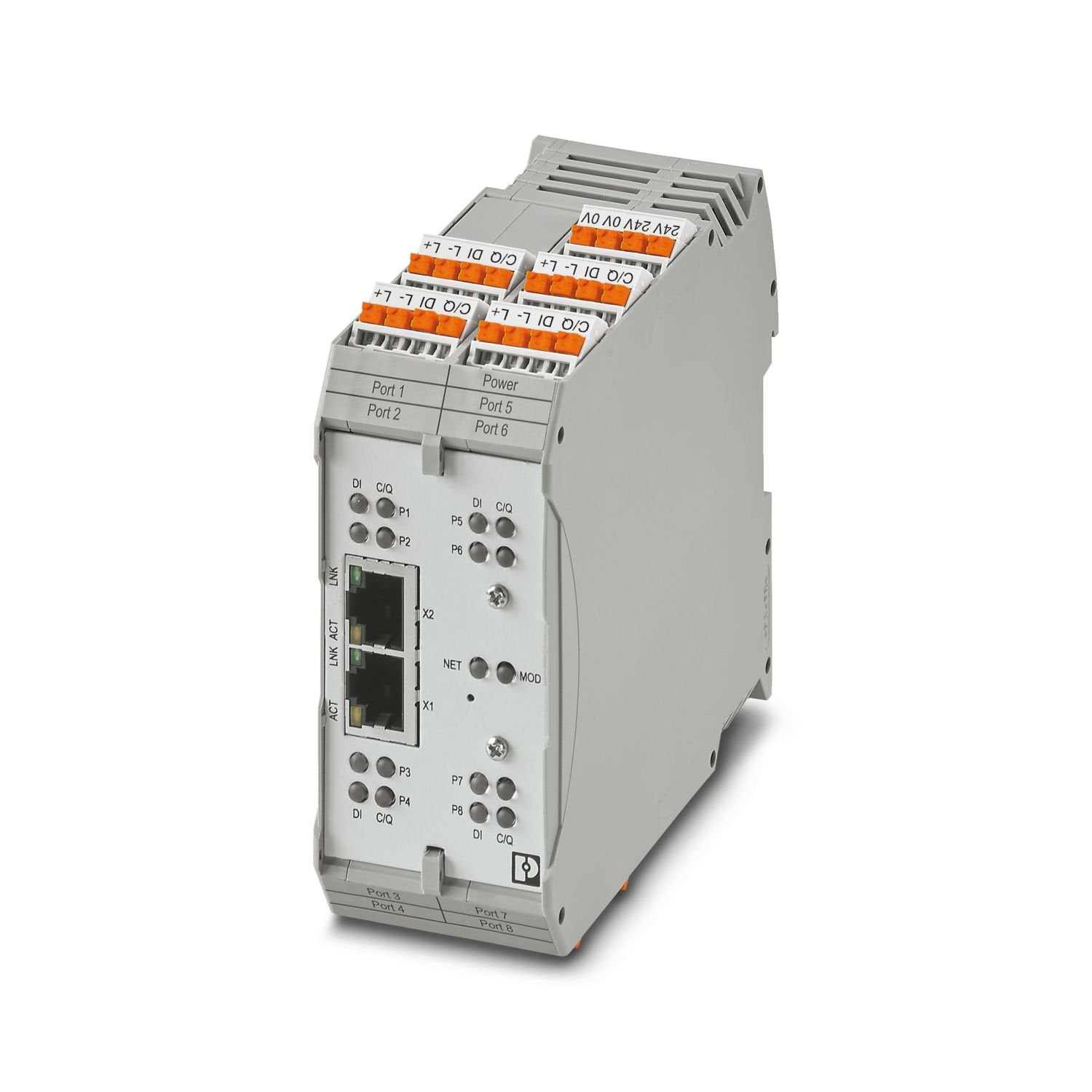 Eight-channel IO-Link master provides convenient configuration of IO-Link devices using web-based management. Supports connectivity to EtherNet/IP, MODBUS, and OPC UA. Features eight auxiliary digital inputs, redundant input power supply connections, plug-in push-in terminals.