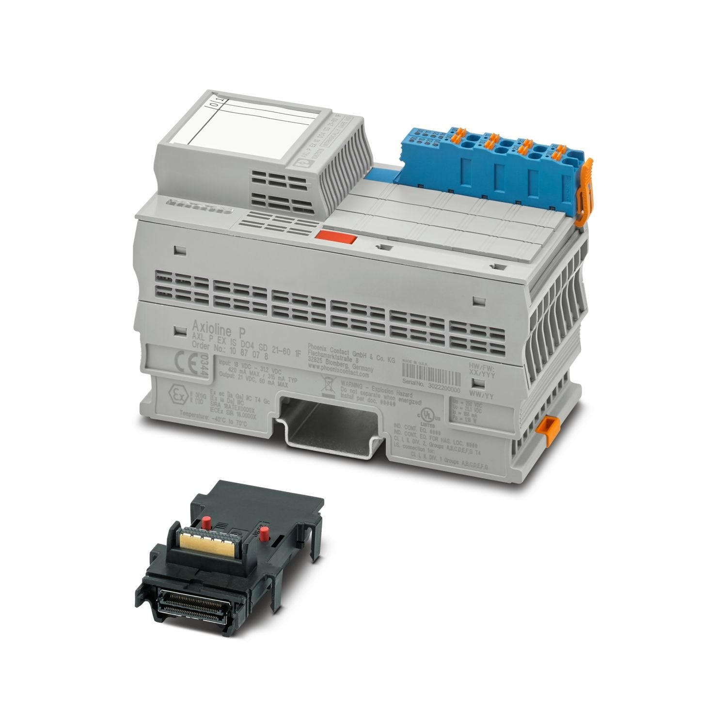 Axioline P, Digital output module, Digital outputs: 4, 21 V, 60 mA, connection technology: 2-conductor, Solenoid drive, intrinsically safe, transmission speed in the local bus: 100 Mbps, degree of protection: IP20, including bus base module and connectors
