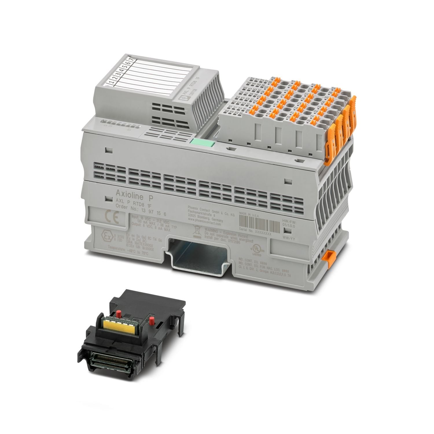 Axioline P, Temperature recording module, Analog inputs: 8 (for resistance temperature detectors), connection technology: 2-, 3-, 4-conductor (shielded), transmission speed in the local bus: 100 Mbps, RTD functionality, degree of protection: IP20, including bus base module and Axioline P connectors