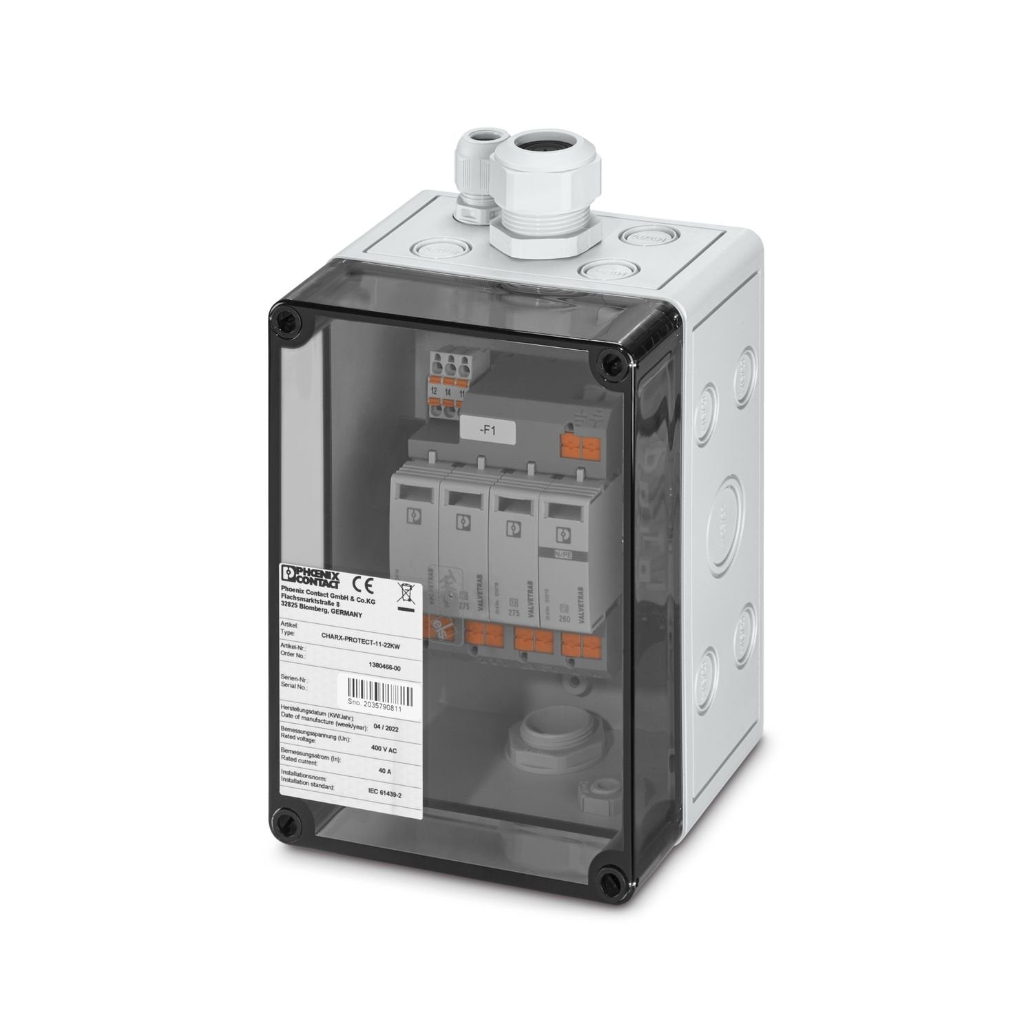 CHARX protect retrofit, surge protection set for protecting charging stations with an output of 11 kW ... 22 kW, such as home chargers. Surge protective device consisting of a base element with Push-in connection technology, remote indication contact, and protective plugs, nominal voltage: 230 V AC, 3+1 wiring