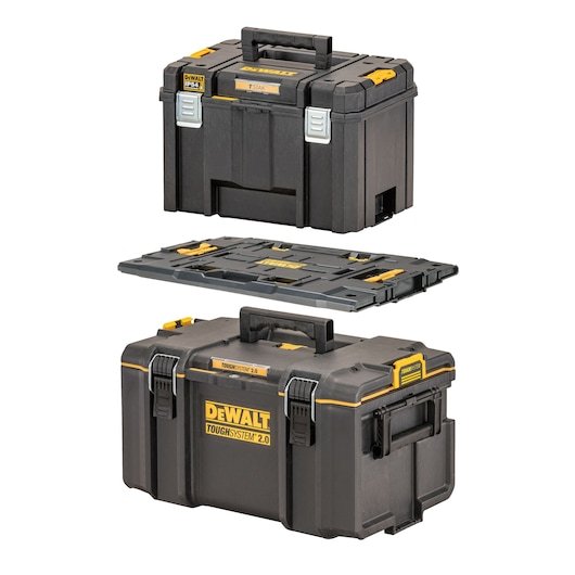 Adapter plate hovers between a large TOUGHSYSTEM case at the bottom and a TSTAK case at the top