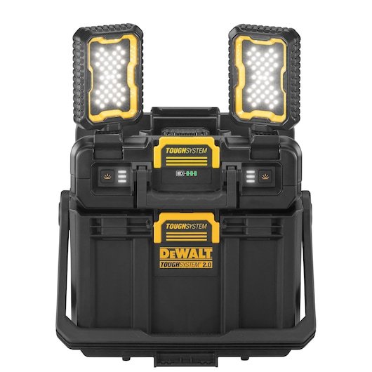 TOUGHSYSTEM 2.0 Cordless Adjustable Work Light and Storage front view with headlights up and on