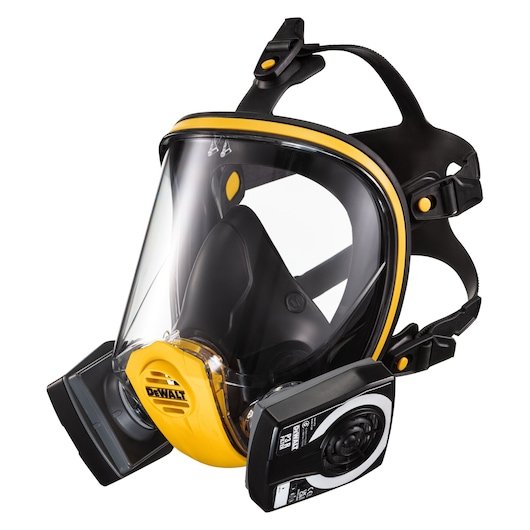 Left front angle of Dewalt Reusable Full Face Mask Respirator with A2P3 Filters