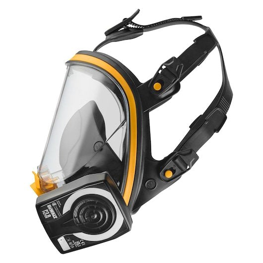 Left front angle of Dewalt Reusable Full Face Mask Respirator with P3 Filters