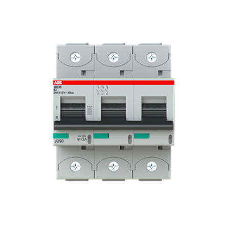 ABB S800 2CC Miniature Circuit Breaker, 3-Pole, 2A, Type B, 690V AC, 375 V DC, 40 kA Breaking Capacity