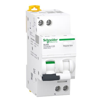 Schneider Electric Circuit Breaker, 25A Current Rating, 1P+N-Pole, 30 mA Trip Sensitivity, C Curve, Acti9 Range, A9D