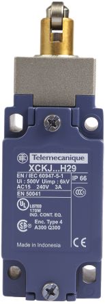 Telemecanique Sensors XCKJ Series Roller Plunger Limit Switch, 1 NO/1 NC, IP66, Zamak Housing, 240V ac, 3A