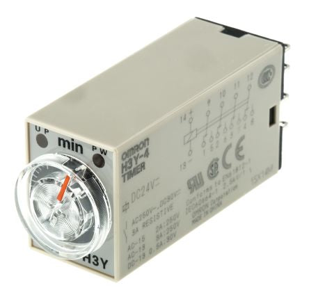 Omron H3Y-4 Series DIN Rail Timer Relay, 4-Contact, 24 V 24V ac, 0.1 to 3 min, 1-Function, 4PDT Switch Configuration