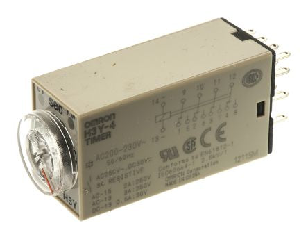 Omron H3Y Series DIN Rail Timer Relay, 4-Contact, 24 V dc 200V ac, 230 V ac, 2 to 60 s, 1-Function, 4PDT Switch