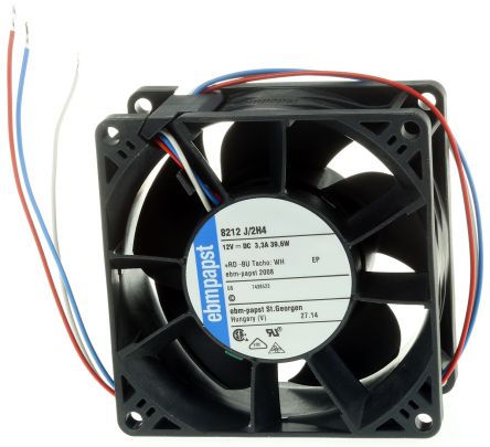 ebm-papst 8200 J Series Axial Fan, 12V dc, 222 m³/h, 39 W, IP68 80 mm 80mm 38 mm