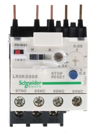 Schneider Electric, LR2K Thermal Overload Relay 1 NO/1 NC, 0.54A, 0.8 A F.L.C, 10A Contact Rating, 100 W, 250 V dc, 690V