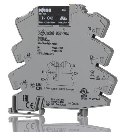 WAGO 857 Series Solid State Relay, 0.1 A Load, DIN Rail Mount, 48 V dc Load, 30V dc Control