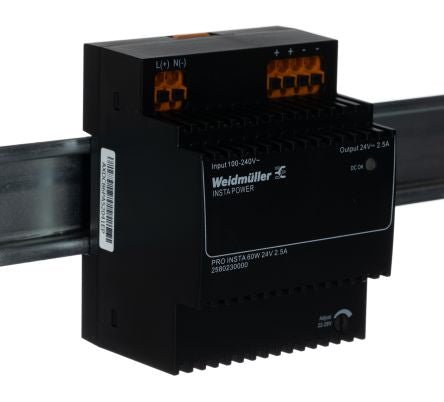 Weidmüller PRO INSTA DIN Rail DIN Rail Power Supply 370 V dc, 264V ac AC/DC Input 24V dc, 2.5 A Output DC 67.4 VA