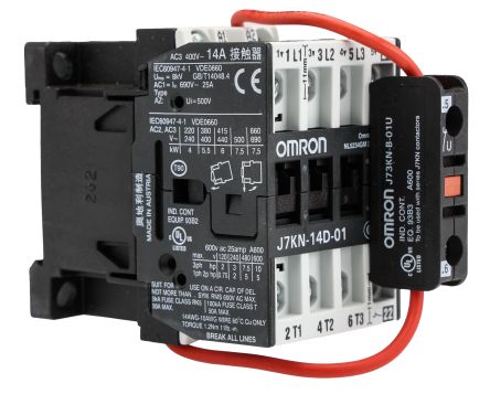 Omron J7KN Contactor, 24V dc Coil, 3-Pole, 14 A, 5.5 kW 45V, 3 NO/1 NC, 415V ac, 380 V ac