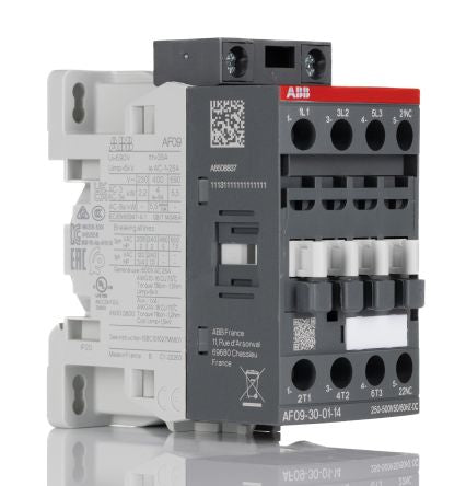 ABB AF09-30-01-14 Contactor, 250V, 500 V Coil, 3-Pole, 25 A, 5.5 kW 500V, 3 NO/1 NC