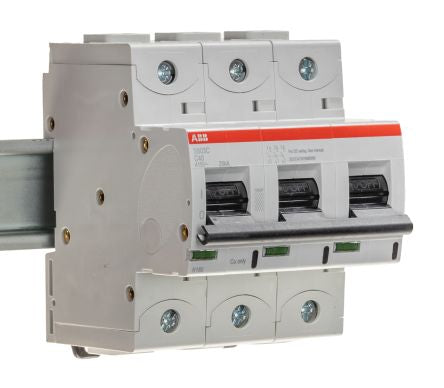 ABB High Performance S800C Miniature Circuit Breaker, 3-Pole, 40A, Type C, 415V ac AC, 375 V dc DC, 25 kA Breaking