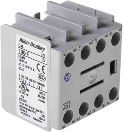 Allen Bradley Auxiliary Contact, 4 Contact, 3 NO/1 NC, 100F, Panel, 10 A, 600V, 100-FA31