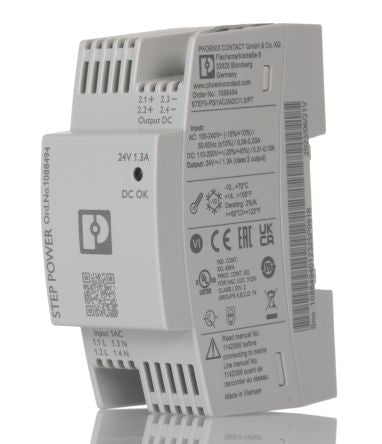 Phoenix Contact STEP POWER Switched Mode DIN Rail Power Supply 250V ac AC Input 24V dc, 1.3 A Output DC 30 W