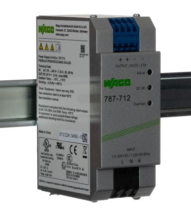 WAGO 787 Switched Mode DIN Rail Power Supply 230V ac/dc AC/DC Input 24V dc, 2.5 A Output DC 60 W