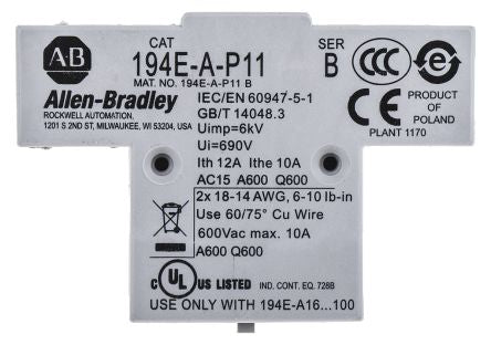 Allen Bradley Auxiliary Contact, 2 Contact, 1 NO/1 NC, 194, Front, 100 A, 500V dc, 194E-A-P11