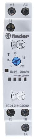 Finder 80 Series DIN Rail Timer Relay, 1-Contact, 12 to 240 V ac/dc 12V ac, 240 V ac, 0.1 to 20 min, 0.1 to 24 h, 0.1 to