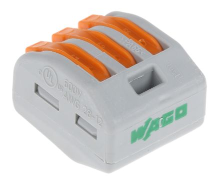 WAGO 222 Series Lever Connector, 3-Way, 12AWG, 28 AWG Wire, 32A Cage Clamp