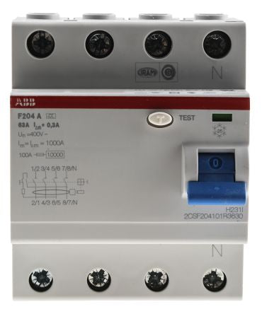 ABB F200 Series Residual Current Circuit Breaker, 63A, 4-Pole, 300 mA, Type A, 0.3 A 400V ac