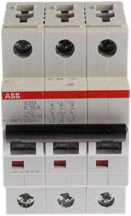 ABB System Pro M Compact S200 Miniature Circuit Breaker, 3-Pole, 16A, Type K, 440V ac AC, 20 kA Breaking Capacity