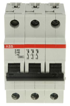 ABB System Pro M Compact S200 Miniature Circuit Breaker, 3-Pole, 40A, Type D, 440V ac AC, 12 V dc DC, 6 kA Breaking