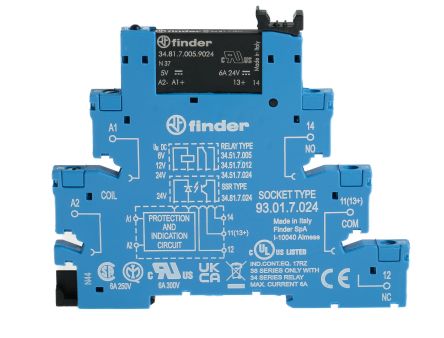 Finder 38 Series Interface Relay, DIN Rail, 6V dc Coil, SPST, 7mA