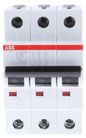 ABB System Pro M Compact S200M Miniature Circuit Breaker, 3-Pole, 10A, Type C, 440V ac AC, 12 V dc DC, 10 kA Breaking