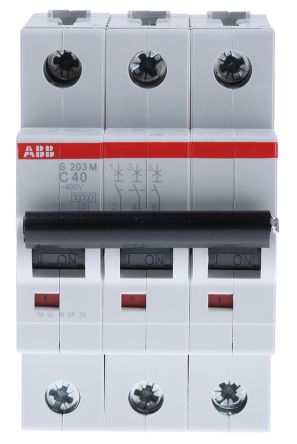 ABB System Pro M Compact S200M Miniature Circuit Breaker, 3-Pole, 40A, Type C, 440V ac AC, 125 V dc DC, 10 kA Breaking