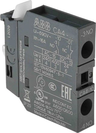 ABB Auxiliary Contact, 1 Contact, 1 NO, CA4, Front, 6 A, 600 V dc, 690V ac, 1SBN010110R1010 CA4-10