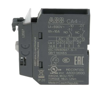 ABB Auxiliary Contact, 1 Contact, 1 NC, CA4, Front, 6 A, 600 V dc, 690V ac, 1SBN010110R1001 CA4-01
