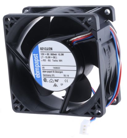 ebm-papst 8200 J Series Axial Fan, 12V dc, 132 m³/h, 10 W, 833 mA Max, IP20 80 mm 80mm 38 mm